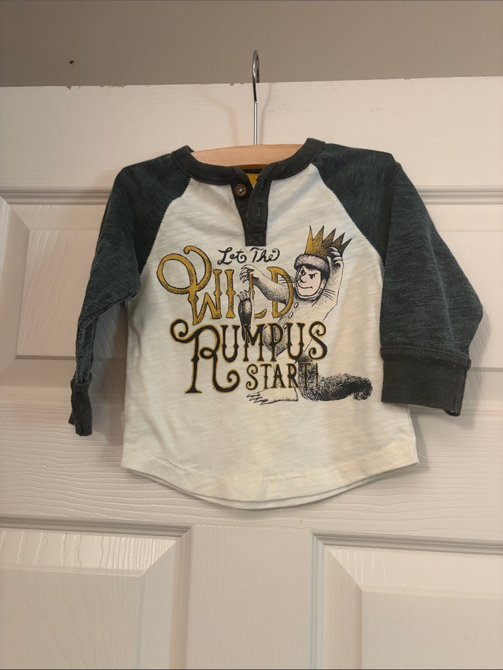 Let the Wild Rumpus Start Raglan Henley Top - White & Green